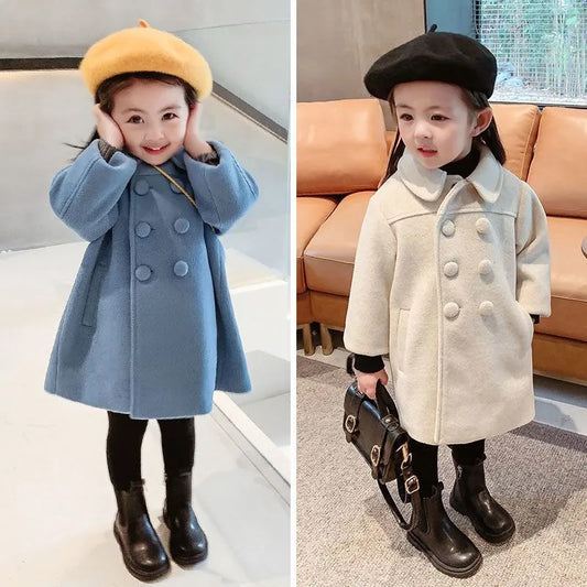 Double-Breasted Woolen Coat for Girls, Autumn-Winter Trench Jacket (2-6Yrs)