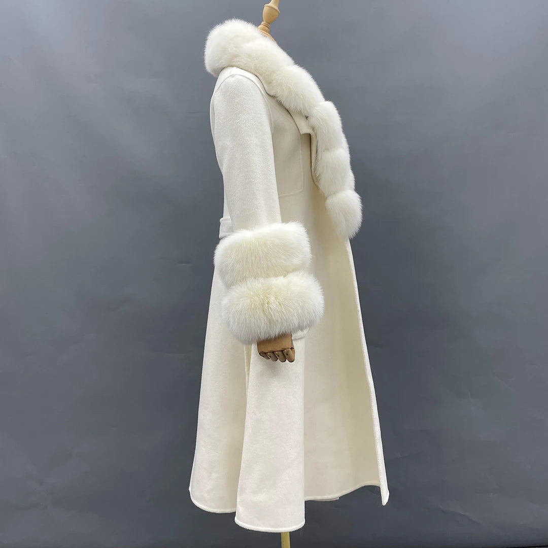Women's Wool Coat with Genuine Fox Fur Collar & Cuffs