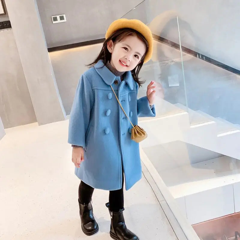 Double-Breasted Woolen Coat for Girls, Autumn-Winter Trench Jacket (2-6Yrs)