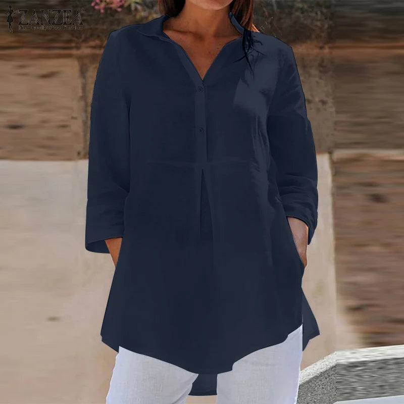 Summer Lapel Neck 3/4 Sleeve- Solid Blouse Women Shirt Casual Loose Long Tops