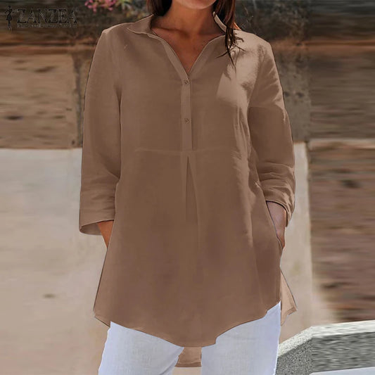 Summer Lapel Neck 3/4 Sleeve- Solid Blouse Women Shirt Casual Loose Long Tops