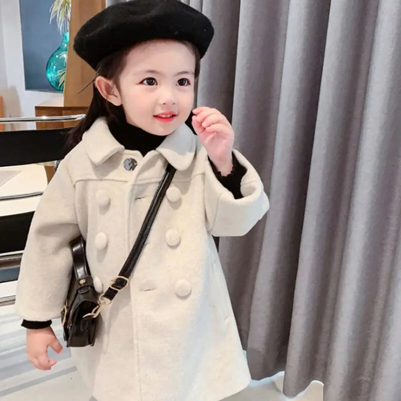 Double-Breasted Woolen Coat for Girls, Autumn-Winter Trench Jacket (2-6Yrs)