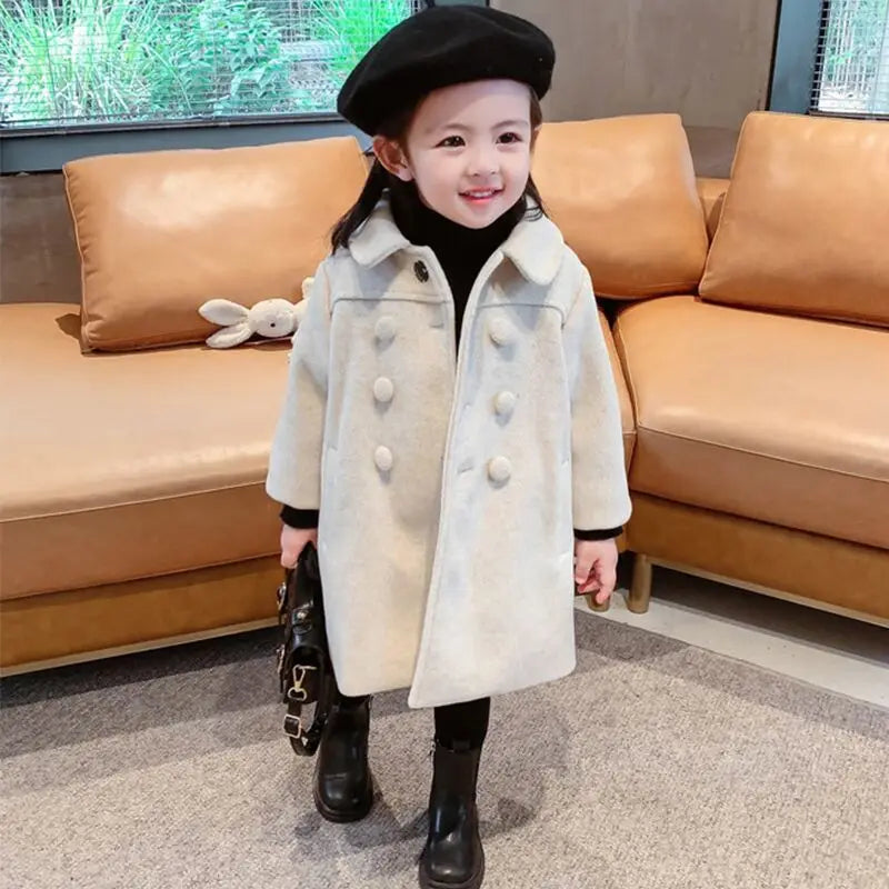 Double-Breasted Woolen Coat for Girls, Autumn-Winter Trench Jacket (2-6Yrs)