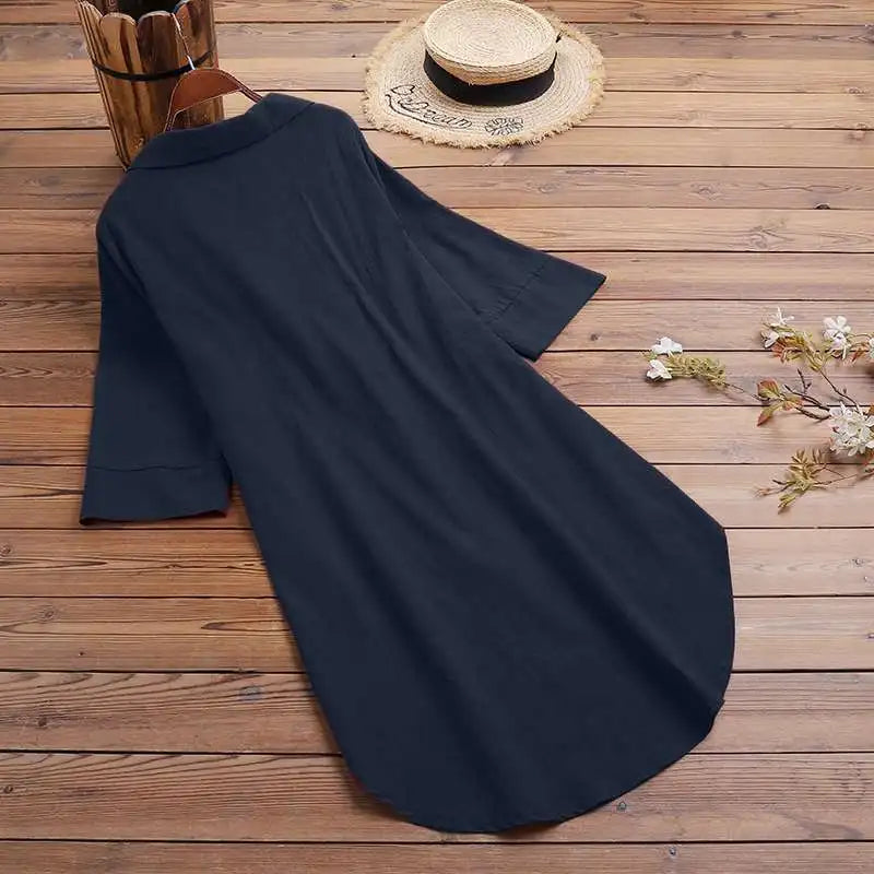 Summer Lapel Neck 3/4 Sleeve- Solid Blouse Women Shirt Casual Loose Long Tops