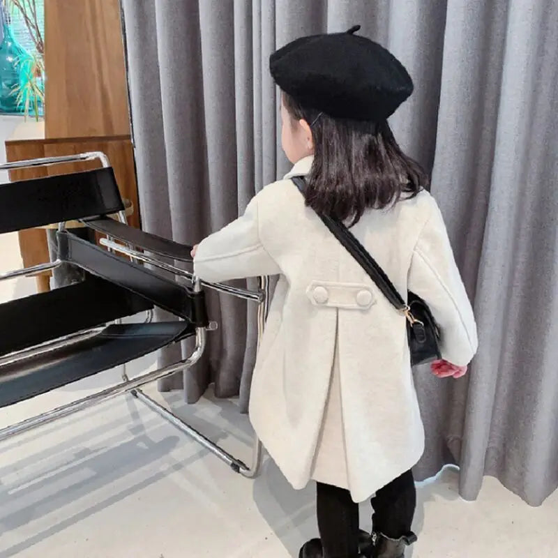 Double-Breasted Woolen Coat for Girls, Autumn-Winter Trench Jacket (2-6Yrs)