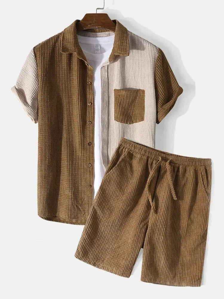 Men Outfit Set- Corduroy Short Sleeve Men Two Pieces