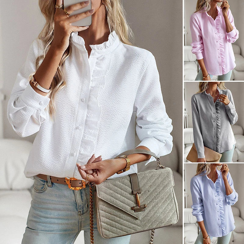Fashion New Women Shirt Elegant Office Ruched Stand Collar Single Breasted Long Sleeve Top Causal Solid Comfort Simple Shirt