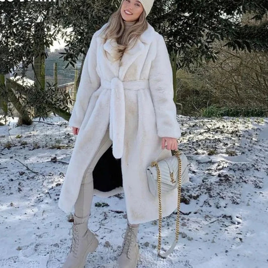 Faux Rabbit Fur Coat - Luxe Winter Long Overcoat with Belted Lapel