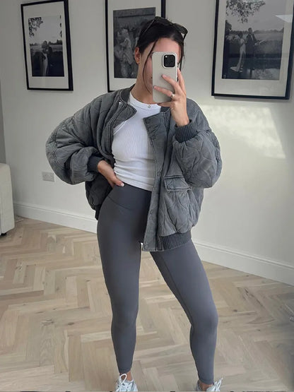 Grey O-neck Bomber Jacket 2024 Fashion Essential