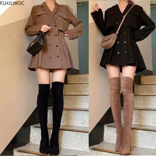Korean Style- Double Breasted Button Notched Mini Blazer Dress