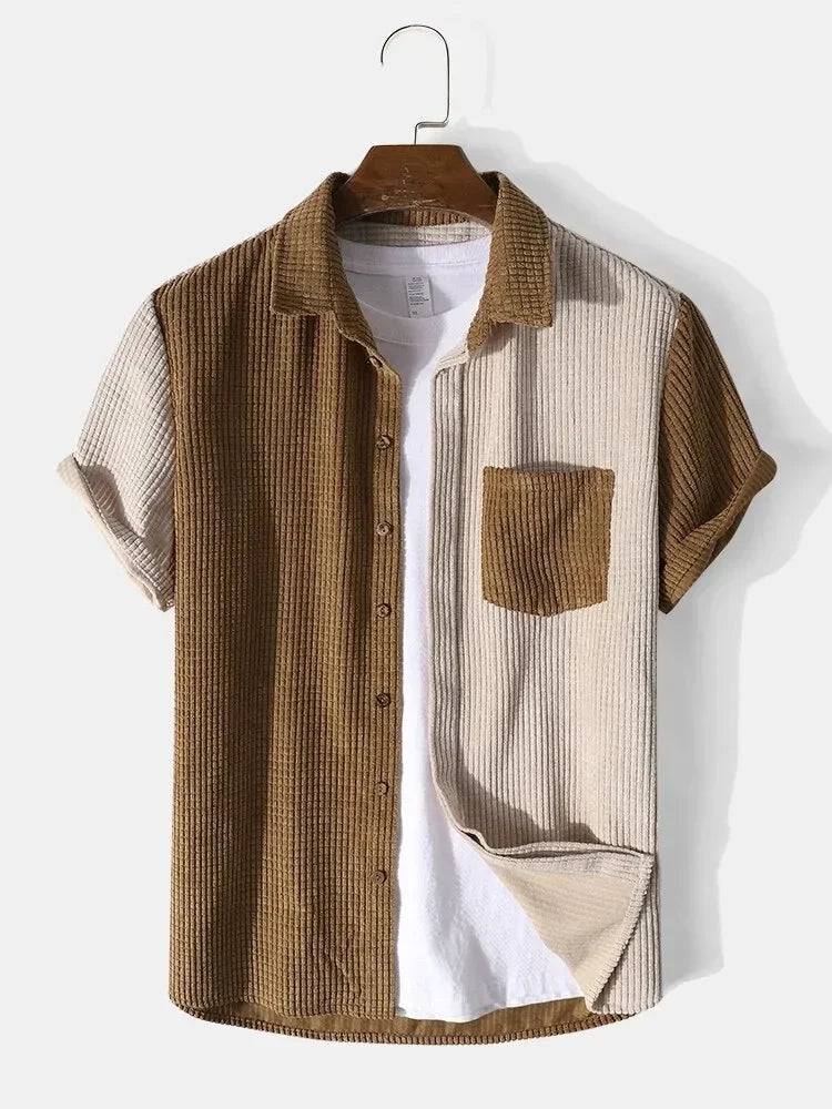 Men Outfit Set- Corduroy Short Sleeve Men Two Pieces