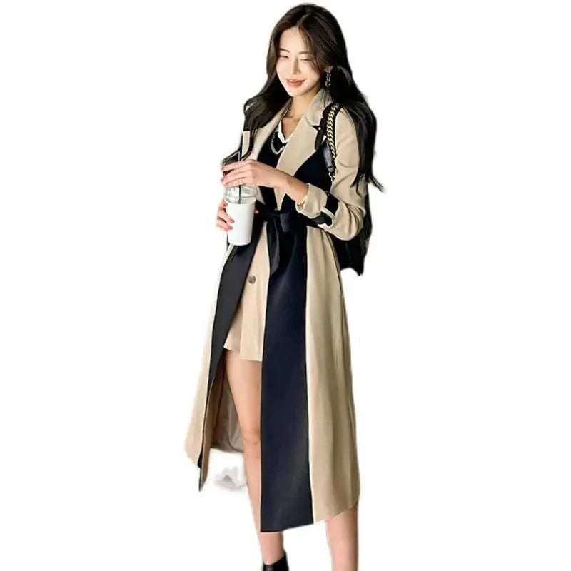 Patchwork Windbreaker  Sophisticated Notched Collar Trench Coat for Winter