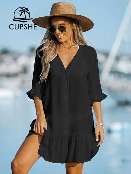 Ruffled Long Sleeve Bikini Cover Up For Women-  Beach Dress