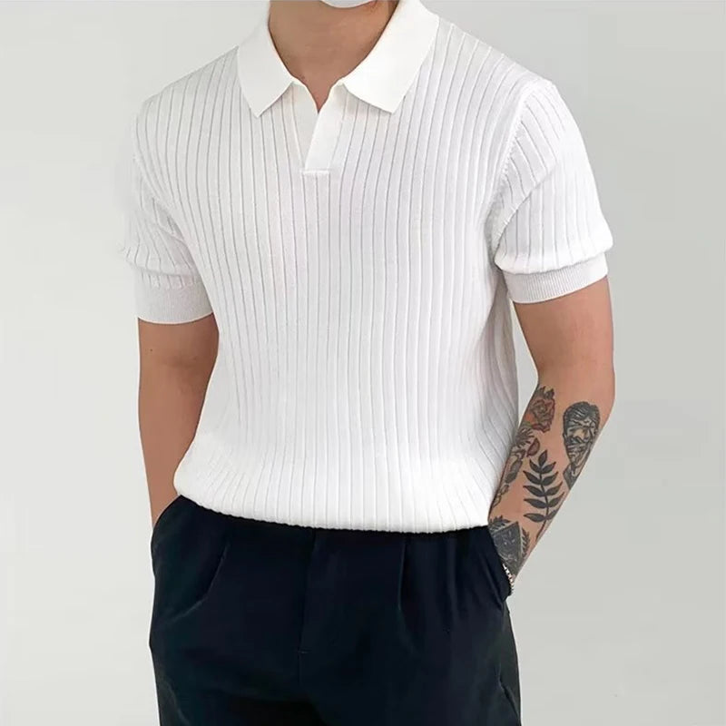 Fashion Knit Solid Color Men's Polo Shirt Slim Short Sleeve Turn-down Collar Ribbed Polo Tee 2023 Summer Men Clothes Casual Tops