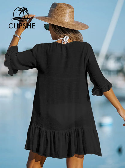 Ruffled Long Sleeve Bikini Cover Up For Women-  Beach Dress