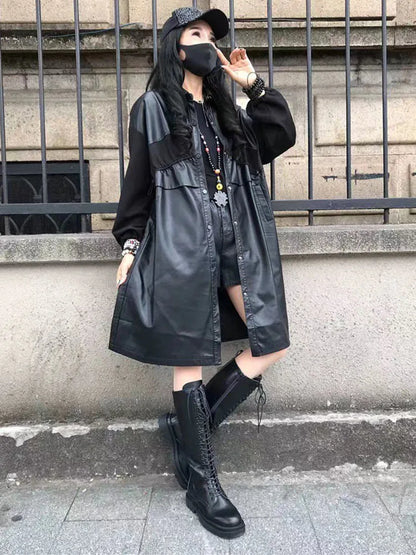 Women's Vintage Black Faux Leather Trench Coat - Embrace Casual Punk Style