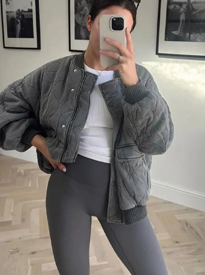 Grey O-neck Bomber Jacket 2024 Fashion Essential