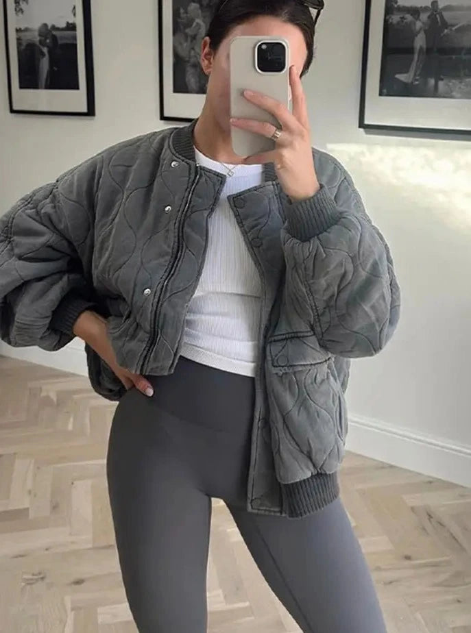 Grey O-neck Bomber Jacket 2024 Fashion Essential